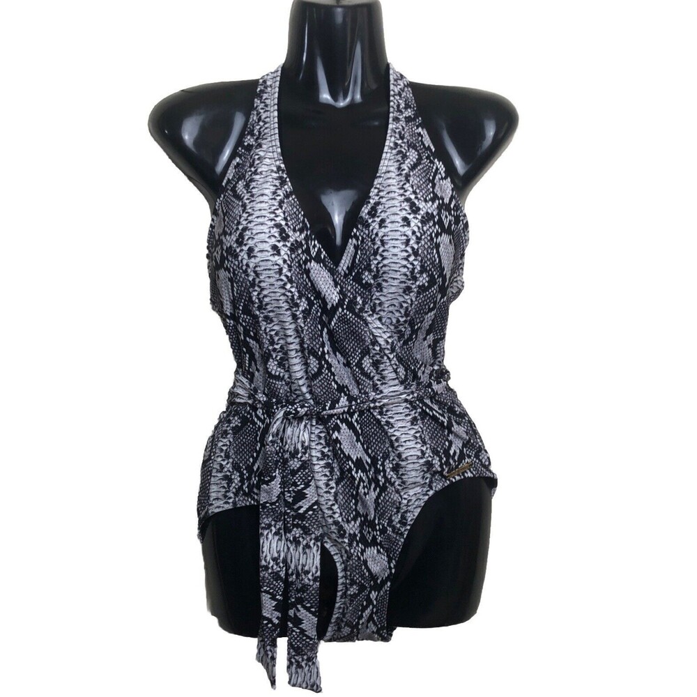 Vince Camuto Women's Snake Print  One Piece Swimsuit  Size 10 black V Neck  Wrap